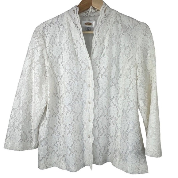Talbots White Lace Overlay Button Down Blouse Shirt Size 12 V Neck - Picture 1 of 10